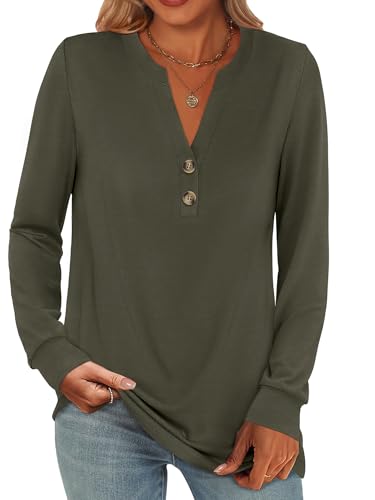 ANRABESS Women's Long Sleeve Shirts 2025 Fall Henley Business Casual Tops Cute T-Shirts Work Blouses Outfits Vacation Clothes Army Green X-Large