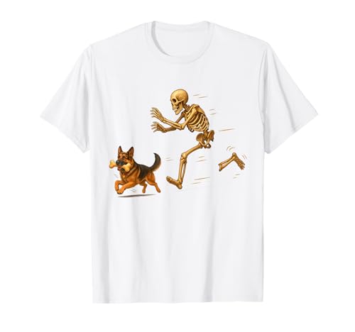 Funny German Shepherd Halloween Steal Bone Skeleton Chase Maglietta