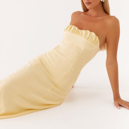 Image of Women Tube Top Maxi Dress 2025 Elegant Sleeveless Strapless Ruched Flowy Summer Long Wedding Party Cocktail Dresses