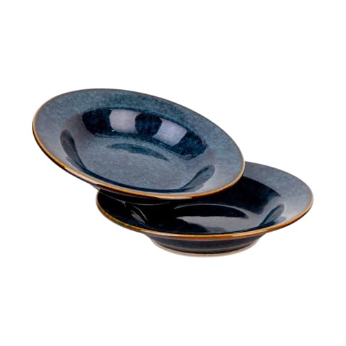 Image of Premium Pasta Plates, Ceramic Plates for Pasta, Large, Round & Deep Dish, Microwave & Dishwasher Safe, Handmade Stoneware, Elegant Tableware, Rustic Blue, 9 Inch, Set of 2