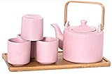 Happy Sales HSTS-KYTPNK, Ceramic Teapot with Stainless Steel Infuser and Wooden Handle 28 fl ounce and Four Tea Cups with Bamboo Serving Tray Tea Set, Pink