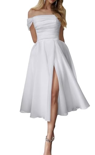 Short Off Shoulder Wedding Dresses for Bride 2025 Tea Length Formal Evening Bridal Shower Dress with Slit2