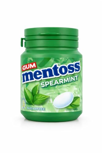 Image of Mentoss Sugar Free Spearmint Gum Bottle, Cool Minty Freshness with Long-Lasting Chew, 56g (Imported)