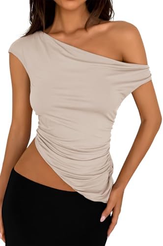 PRETTYGARDEN Womens 2026 Summer Off The Shoulder Crop Tops Sleeveless One Shoulder Ruched Asymmetrical Y2K Going Out Tank Top