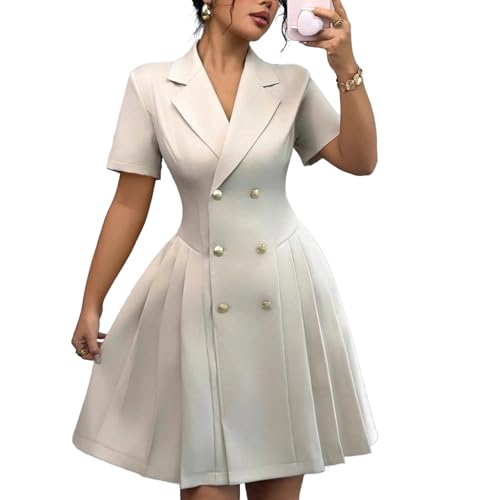 Women’s Elegant Double-Breasted Pleated Blazer Dress Short Sleeve Notch Lapel A-Line Slim Fit Suit Dress Business Office