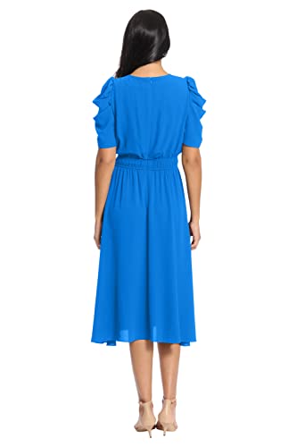 Image of London Times Women's Caterpillar Puff Sleeve Midi Dress - Gathered Waist A-Line Flowy Summer Dress