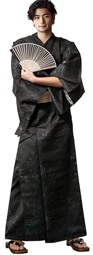 [Aletta domani] 浴衣 メンズ ワンタッチ帯 2点セット 男性和服 絣 縞 花柄 綿100 古典柄 夏祭り 花火大会 祥雲之獅亀 黒色 帯色 生成 Lの商品画像（Amazon）