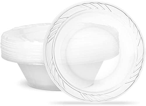 Shefa Pack of 100 White Bowls - Plastic Bowl for Soup, Reusable & Washable Dinnerware, Microwave-Safe Crockery - Ideal Set for Birthday, Parties, Camping, Catering (12 oz Bowls, White)