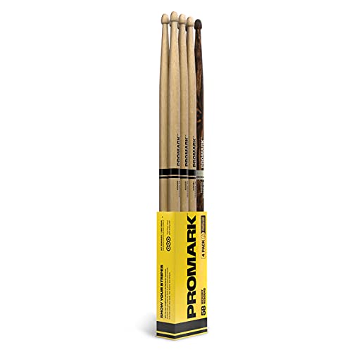ProMark Baquetas Bateria - Rebound 5B Drumsticks - FireGrain - Sensación de peso trasero - Acabado de laca, Punta de Bellota, Madera de nogal americano - 3 pares de Rebound 5B + 1 par de FireGrain 5B