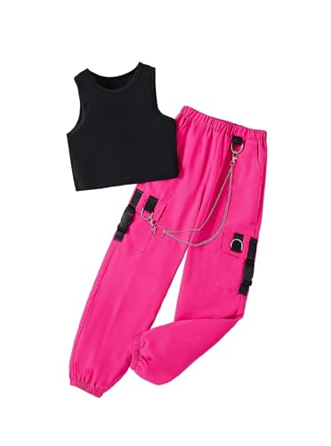Ecolala Girls 2 Piece Outfit Set for Tween Girls Sleeveless Crop Tank Top & Cargo Pants Jogger Set Hip Hop Dance Outfit Streetwear Clothes for Kids Hot Pink 13-14Y