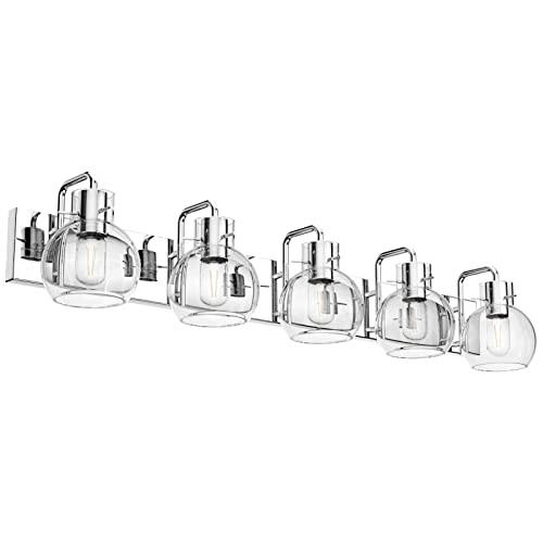 Image of Tipace 5 Lights Stainless Steel Modern Bathroom Vanity Light Fixtures Over Mirror Chrome Industrial Vanity Lights with Globe Clear Glass Farmhouse Bath Lighting(Exclude Bulb)