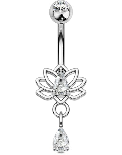 OUFER Hypoallergenic Dangle Belly Button Rings, 14g Surgical Steel Belly Rings for Women, Lotus Navel Rings, Dangle Navel Piercing Jewelry