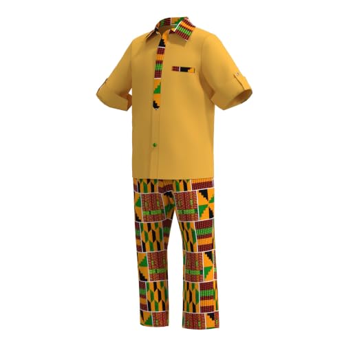 Image of XIAOHUAGUA African Clothes for Boy Kids African Outfit 2 Pcs Set Kente Print Shirt and Long Pants