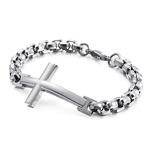 Mens Christian Cross 316L Stainless Steel Chain Bracelet, 8.7