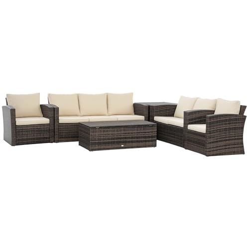 Outsunny Conjunto de Muebles de Jardín de Ratán 6 Piezas Sofá Doble Sofá de 3 Plazas 2 Sillones Individuales 2 Mesas Auxiliares con Almacenamiento y Cojines Acolchados para Exterior Marrón y Crema