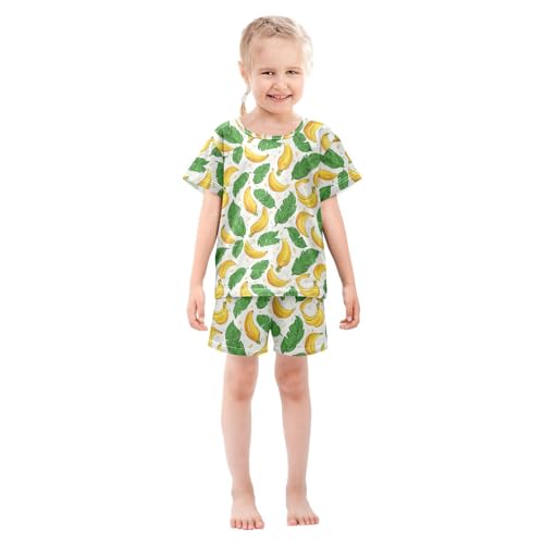 Vdsrup Cartoon Bananas Leaves Summer Pajamas Set Short Cotton Sleepwear 2 Piece Unisex 5Y2