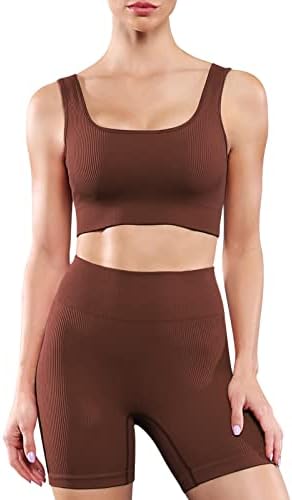 Workout Sets for Women Seamless 2 Piece Ribbed Biker Shorts Set with Sports Bra Gym Outfits