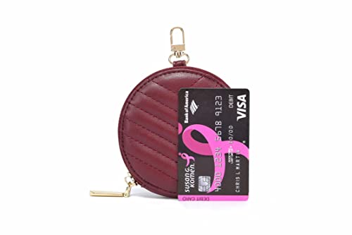 Daisy Rose Round Quilted Chevron Coin Purse Pouch Change Wallet Holder With Clasp - Pu Vegan Leather - Burgundy #TOP4
