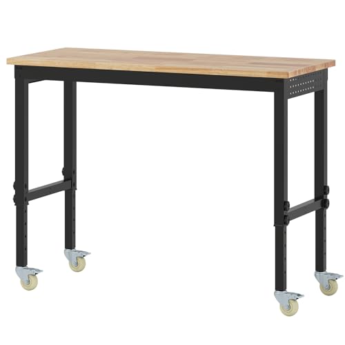 COSTWAY Banco da Lavoro Regolabile in Altezza 74-104 cm, Tavolo da Lavoro in Legno di Gomma, con Ruote Bloccabili, 2 Pannelli Laterali Forati, Stazione di Lavoro per Officina, Garage, Capacità 1100 kg