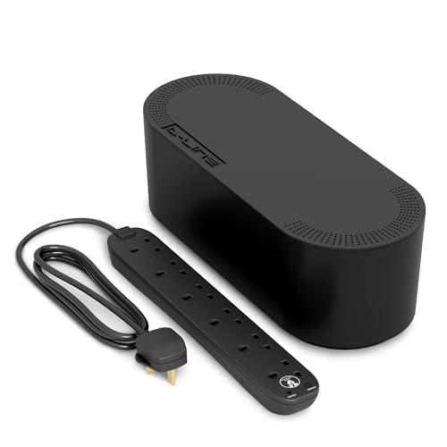 D-Line Cable Tidy Box with 4 socket 2m Extension Lead 13amp Surge Protected, Cable Management Solution, TV Wire Tidy, Desk Cable Organiser - Large, Black