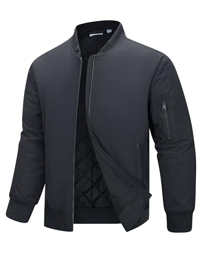 33,000ft Bomberjacke Herren Wasserdichte Winddichte Übergangsjacke Leichte Blousonjacke Fliegerjacke Herbst Winter Jacke mit 4 Taschen Dunkelgrau L