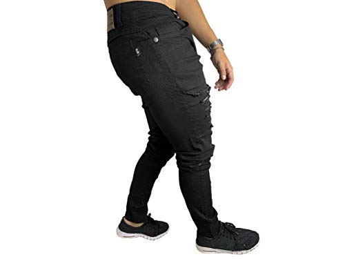 Calça Masculina Jeans Sarja Skinny Slim Rasgada Tamanho:44;Cor:Preto