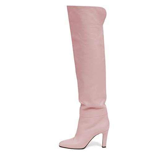 FSJ Women Over The Knee Boots Comfy Wrinkled Cutout High Chunky Heels Square Toe Fancy Pull On Office Shoes Pink Size 8