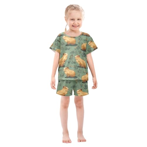 ALAZA Capybara Green Leaves Pajamas Set Short Sleeve Cotton Sleepwear Summer Pjs 2 Piece 5-14Y3