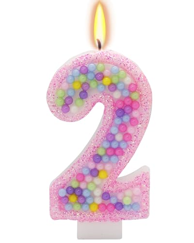 Pink Birthday Candles Number 2 Candle - Colorful Macaron Design 2rd Birthday Decorations for Girl Two Sweet Theme Birthday Party Supplies