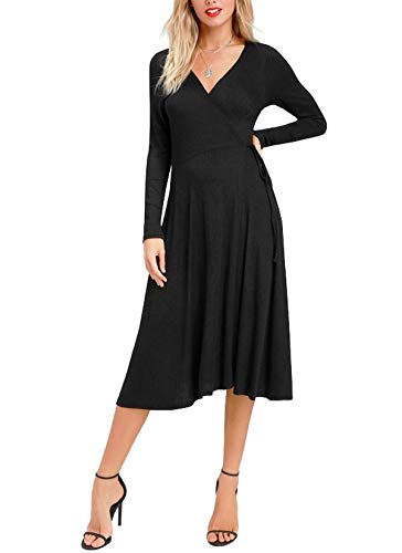 R.Vivimos Women Spring Autumn Long Sleeve Sweater Knitted Slim Elastic V Neck Sexy Midi Wrap Dresses （Small, Black）