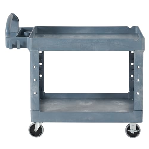 Image of Rubbermaid Commercial Products BRUTE Heavy Duty 2-Shelf Utility /Service Cart, Medium, Lipped Shelves, Ergonomic Handle, 500 lbs. Capacity, Gray, for Warehouse /Garage /Cleaning /Maintenance /Stadiums