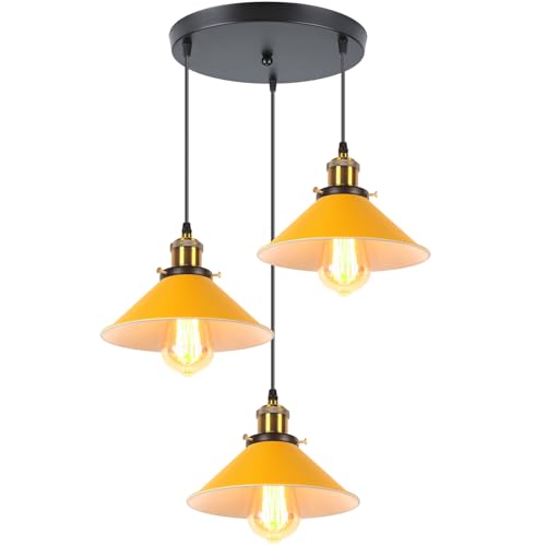 iDEGU Retro 3-flammige Pendelleuchte, Industrial Hängelampe E27 Deckenleuchte Metall Lampenschirm 22cm Design Edison Vintage Lampe Hängeleuchte für Küche Esszimmer Schlafzimmer Flur (Gelb)