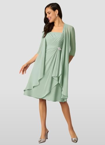 Square Neck Mother of The Bride Dresses with Jacket Tea Length Chiffon Formal Evening Dress for Wedding 2 Piece2