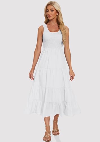 Image of Women's Summer Smocked Maxi Dresses Sleeveless U Neck Ruffle Hem Tiered A Line Flowy Dress