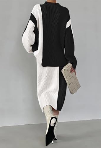 GOLDSTITCH Women's Two Piece Sweater Outfits Mock Neck Pullover Sweater High Waist Skirt Set Color Block Ribbed Set3