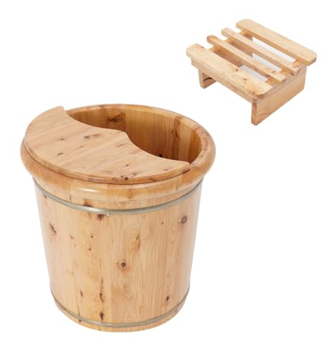 Cubeta de baño para pies de madera con tapa y taburete