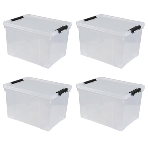 50 L Large Plastic Storage Bins with Latching Lids and Wheels, 4-Pack Clear Stackable Boxes for Closet, Garage