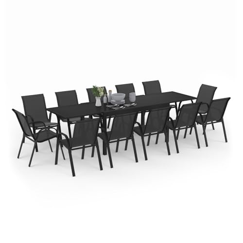 IDMarket - Salon de Jardin Madrid Table Extensible 135-270 CM et 12 chaises empilables Noir