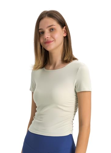 Camisetas esportivas femininas de compressão de manga curta para ioga e gola redonda, Branco, P