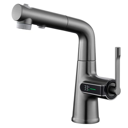 Grifo de baño elevable y abatible con pantalla digital, grifo para lavabo con 3 funciones, giratorio 360°, grifo monomando de latón para lavabo, mezclador de lavabo de un solo orificio, color gris pis
