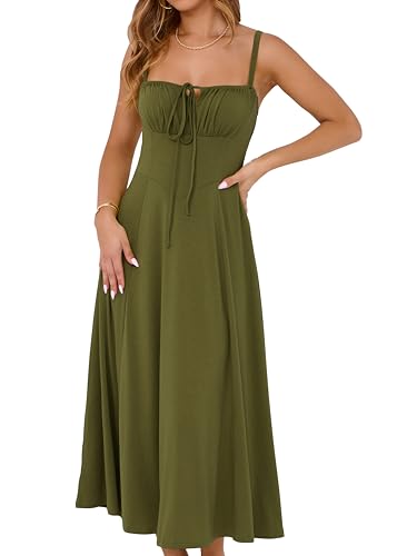 Image of YATHON Women's Summer Midi Corset Boho Dresses Spring Casual Floral Spaghetti Straps Lace Up Dress Flowy Aline Beach Sundress
