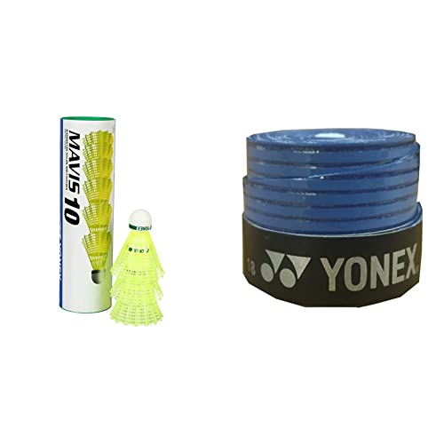 Image of Yonex Mavis 10 Nylon Shuttlecock, Yellow, Pack of 6 | Made in Japan (Green Cap)&Yonex ET 903 E Super Rubber Badminton Grip (Blue)