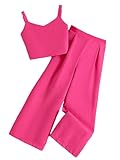 Verdusa Girl's 2 Piece Outfits V Neck Crop Cami Top and Wide Leg Pants Set Hot Pink 160