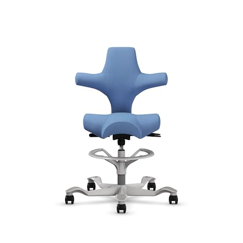 Image of HAG Capisco Adjustable Sit to Stand Desk Chair - Silver Frame - Light Wash Blue Polyester Seat - with Footring