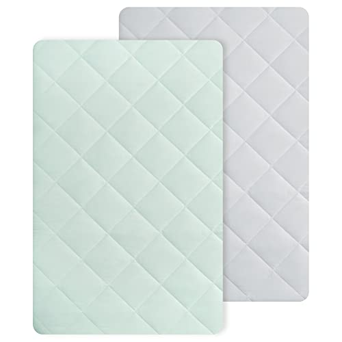 Image of TILLYOU 2 Pack Cloudy Soft Pack N Play Sheets Fitted Quilted, Breathable Thick Play Yard Playpen Sheets, 39"x27"x5" Fits Mini/Portable Crib Mattress Pack N Play Mattress Pad, Sage Green & Light Gray