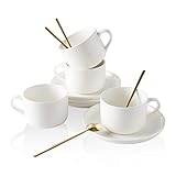 CHILDIKE Porcelain Coffee Cup 8 Oz with Saucer Spoon Color Glaze Series (White 4 Packs)