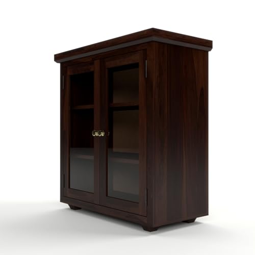 Image of Solid Sheesham Wood Sideboard Cabinet for Living Room | Wooden Storage Cabinet with 2 Acrylic Glass Doors & Shelves | Modern Display Sideboard for Home (Walnut Finish)
