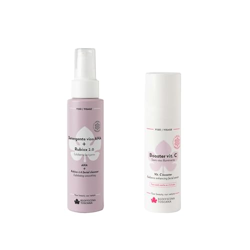 Biofficina Toscana Limpiador facial AHA + Rubiox 2.0 (100 ml) y potenciador de vitamina C (30 ml) – Exfoliante facial y suero iluminador con Rubiox 2.0 de rosa mosqueta y frutos rojos orgánicos