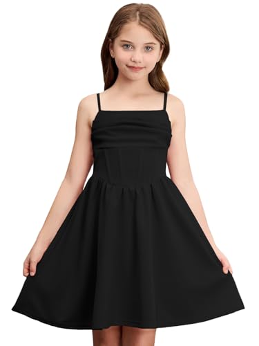 OYOANGLE Girl's Spaghetti Strap Ruched Ruffle Hem Sleeveless Summer Flowy Short Dresses2