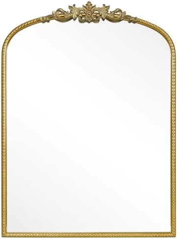WallBeyond Gold Vintage Mirror for Vanity 28x36 Inch, Gold Antique Mirror with Ornate Frame, Arched Vintage Wall Mirror for Bathroom, Living Room, Fireplace, Entryway